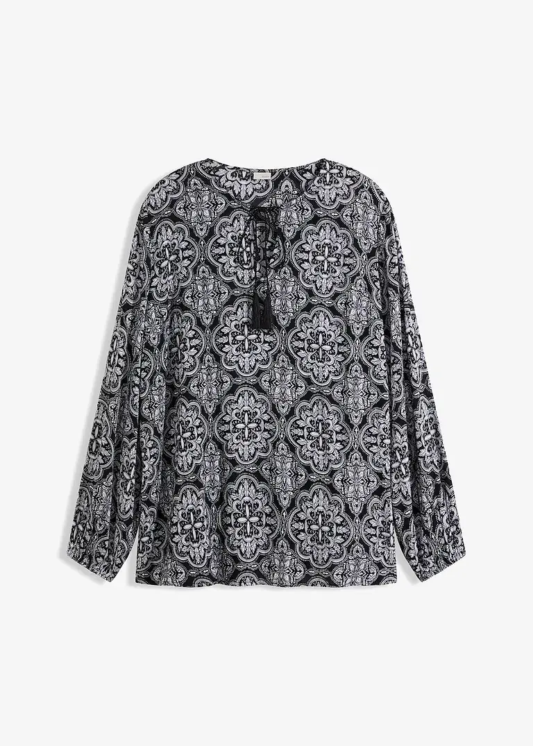 bonprix Verspielt und Modern: Bluse mit Schnürung am Kragen - schwarz