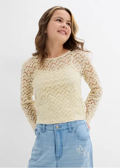 Bonprix Verspielte Spitzenbluse Mit Eingenähtem Jerseytop - Natur