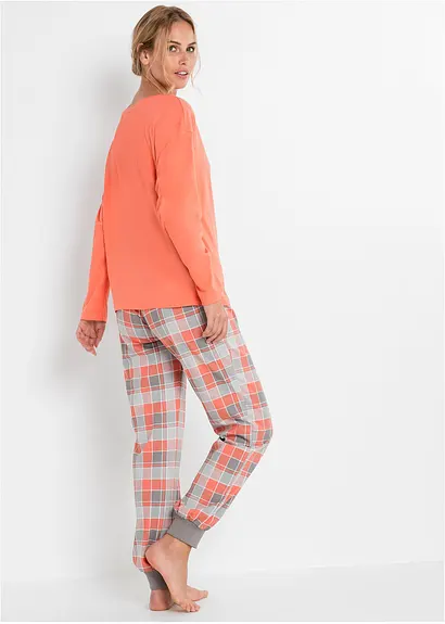 Bonprix Verspielter Schlafanzug Mit Oversized Shirt - Lachs/grau Kariert