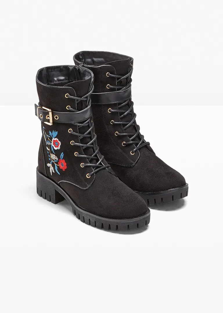 Bonprix Verspielter Schnürstiefel Mit Blumenstickerei - Schwarz