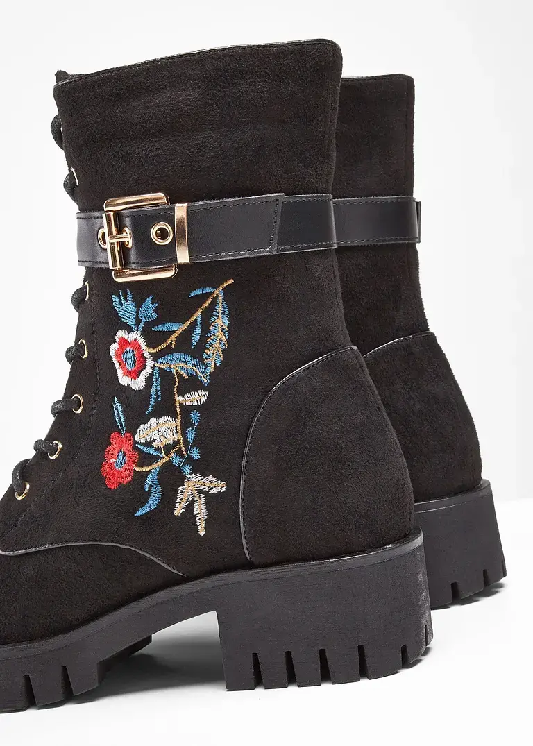 Bonprix Verspielter Schnürstiefel Mit Blumenstickerei - Schwarz