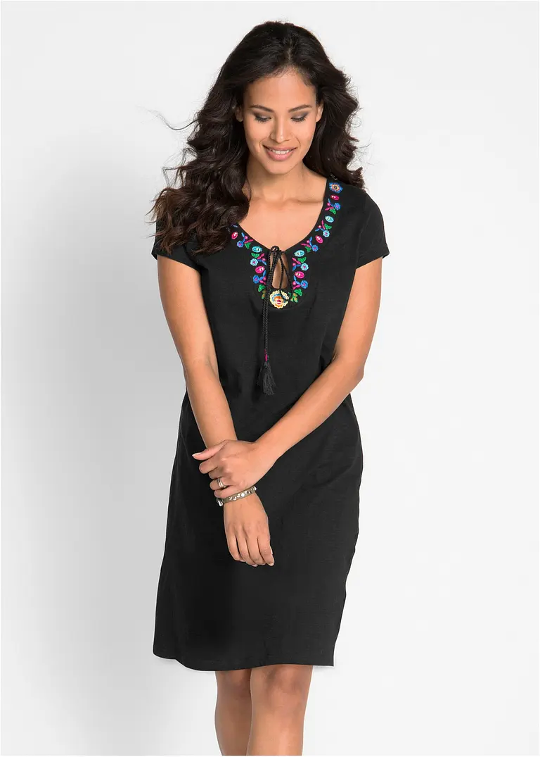 Bonprix Verspieltes Baumwoll-Shirtkleid Mit Besticktem Ausschnitt Und Dekorativen Kordeln