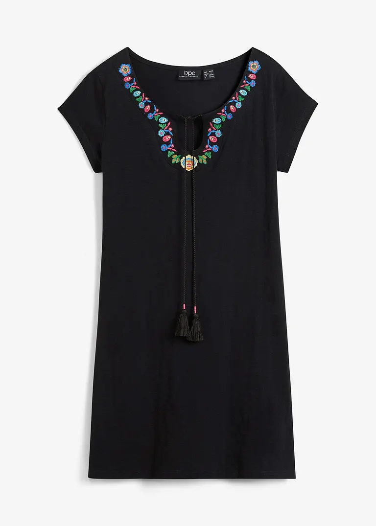 bonprix Verspieltes Baumwoll-Shirtkleid mit besticktem Ausschnitt und dekorativen Kordeln