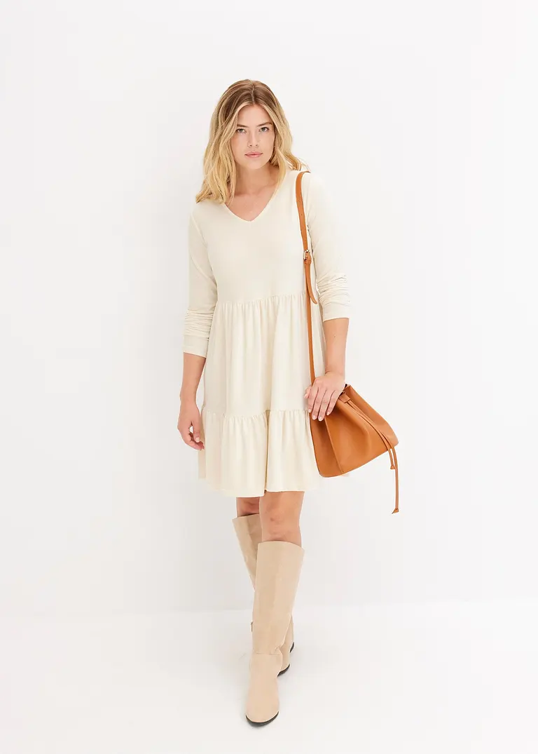 Bonprix Verspieltes Samt-Kleid Mit Raffungen - Beige - Damen