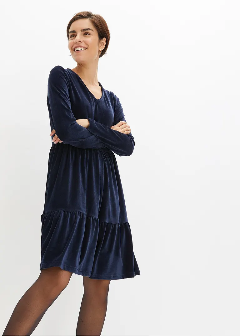 Bonprix Verspieltes Samt-Kleid Mit Raffungen - Blau - Damen
