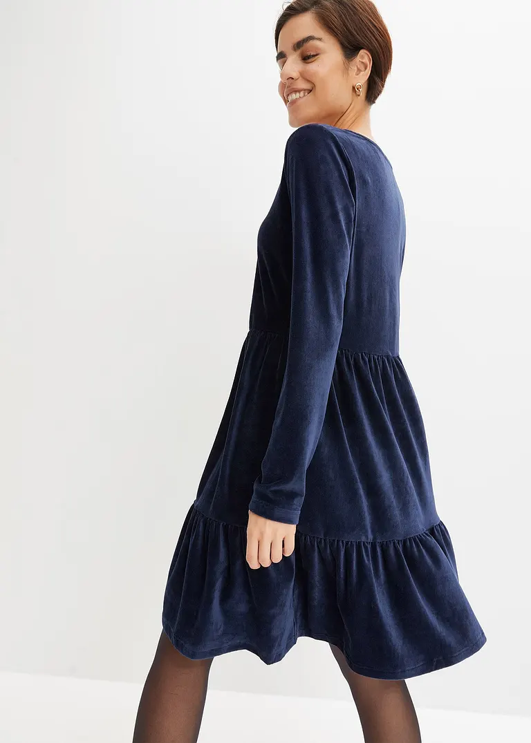 Bonprix Verspieltes Samt-Kleid Mit Raffungen - Blau - Damen