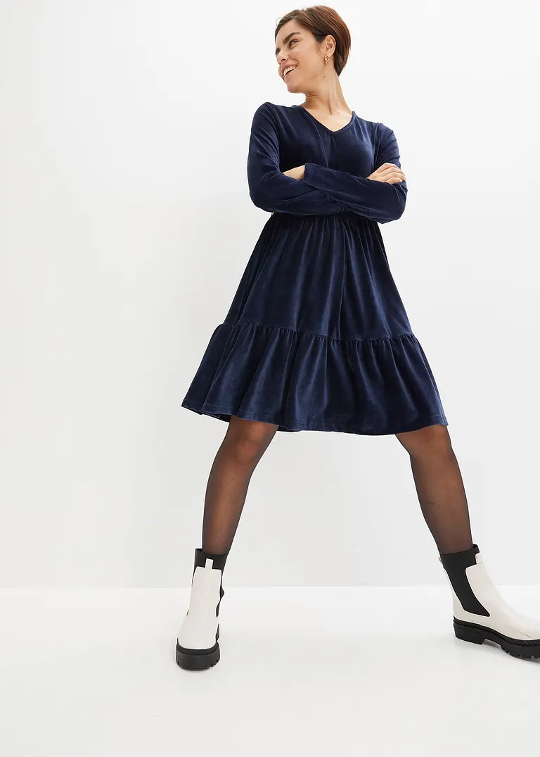 Bonprix Verspieltes Samt-Kleid Mit Raffungen - Blau - Damen