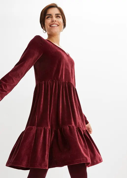 Bonprix Verspieltes Samt-Kleid Mit Raffungen - Rot - Damen
