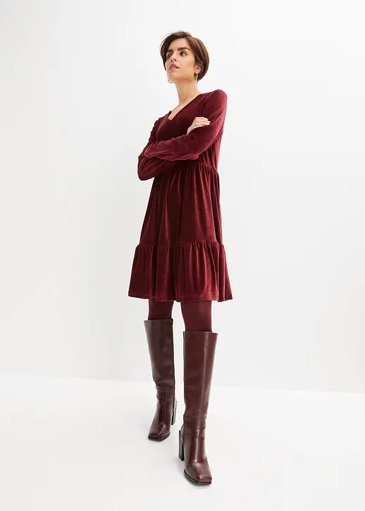 Bonprix Verspieltes Samt-Kleid Mit Raffungen - Rot - Damen