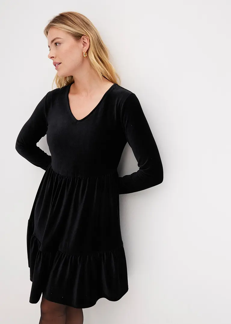 Bonprix Verspieltes Samt-Kleid Mit Raffungen - Schwarz - Damen