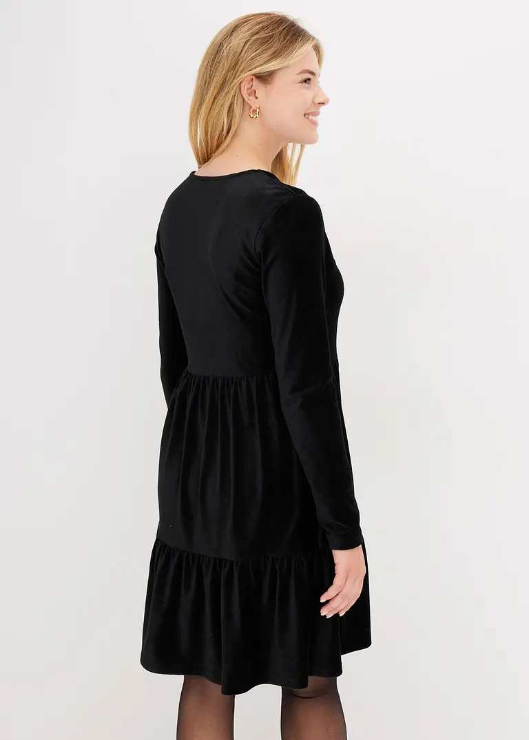 Bonprix Verspieltes Samt-Kleid Mit Raffungen - Schwarz - Damen