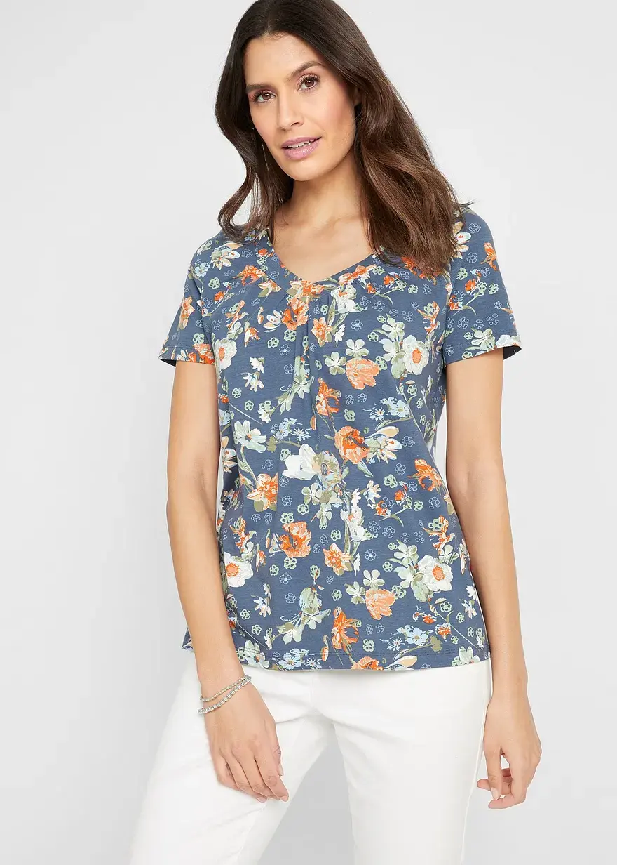 Bonprix Verspieltes Stretch-Shirt Mit V-Ausschnitt Und Leichter Raffung Am Ausschnitt Kurzarm
