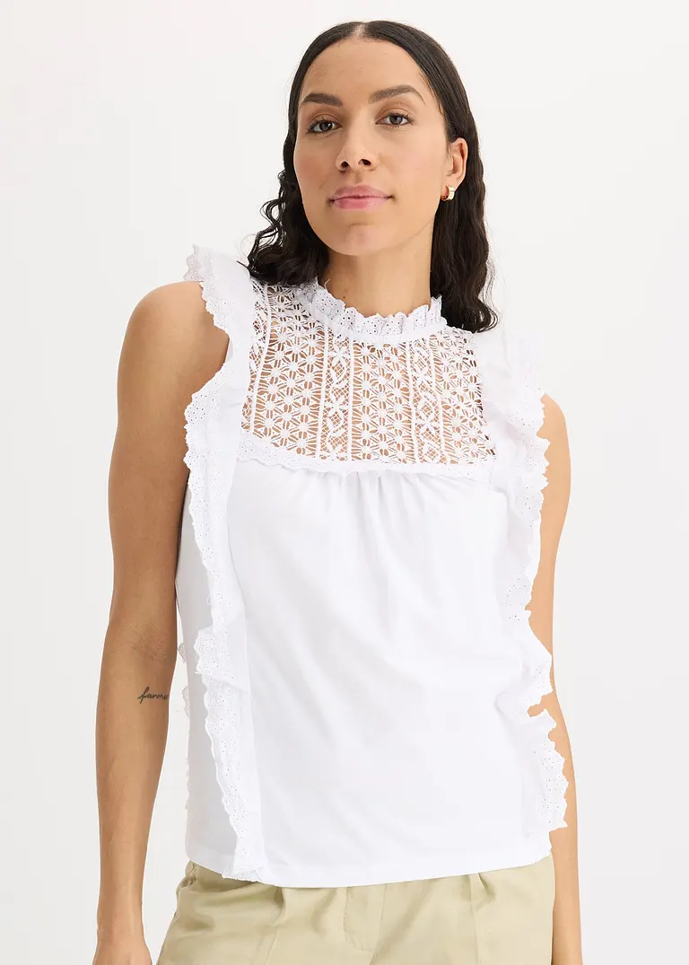 Bonprix Verspieltes Top Mit Hochwertiger Lochstickerei - Weiß