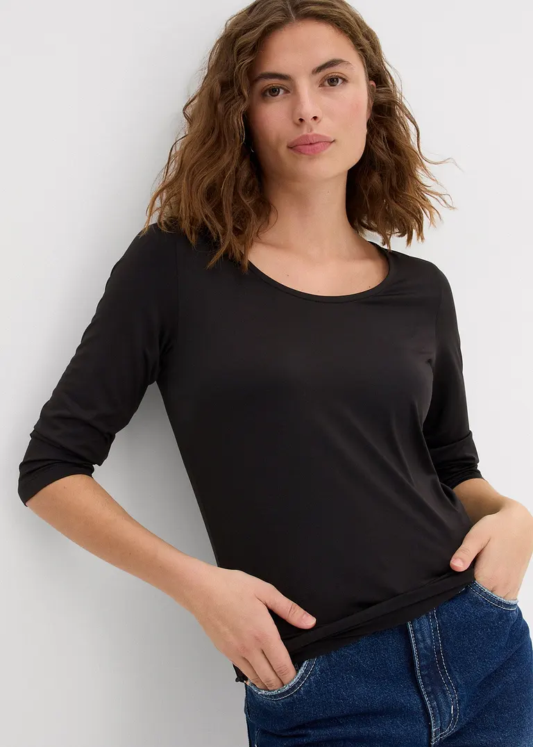 Bonprix Vielseitig Kombinierbares Langarmshirt Mit Rundem Hals - Schwarz