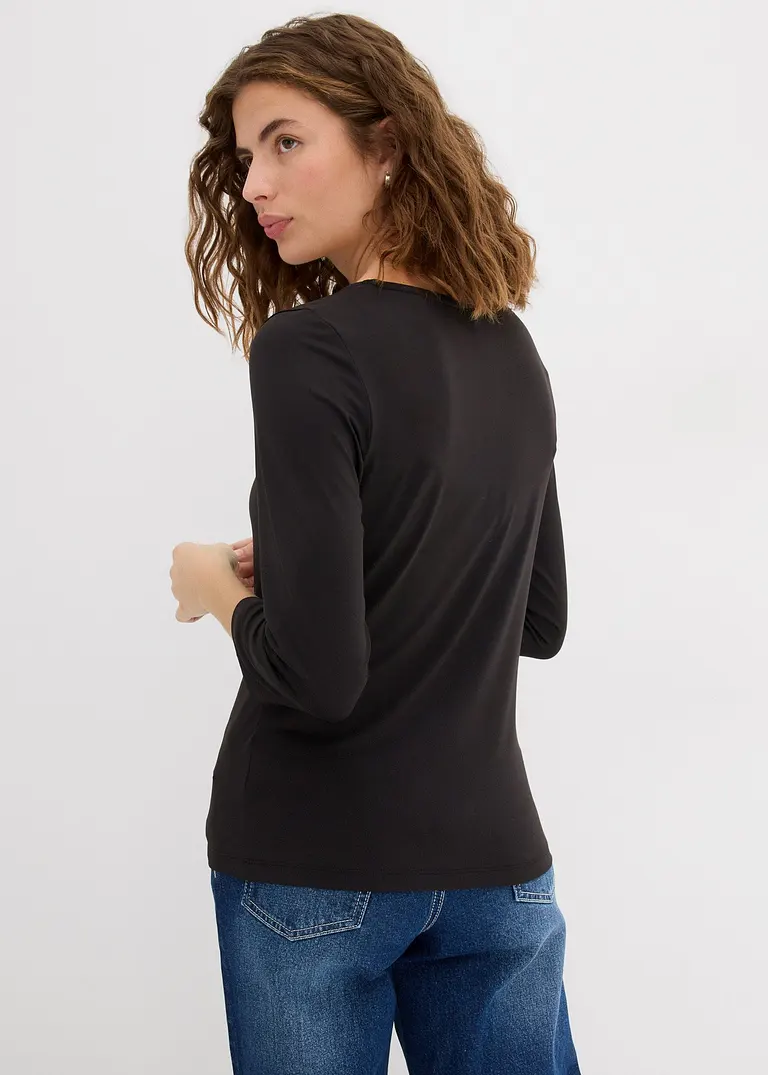 Bonprix Vielseitig Kombinierbares Langarmshirt Mit Rundem Hals - Schwarz