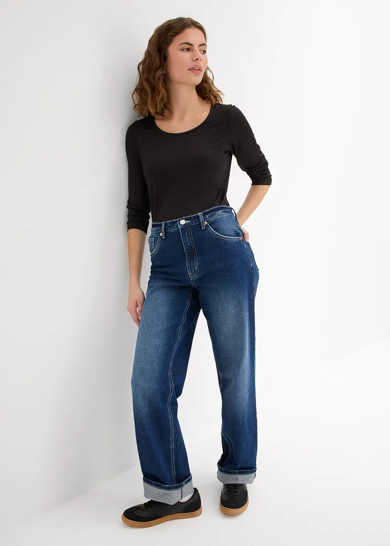 Bonprix Vielseitig Kombinierbares Langarmshirt Mit Rundem Hals - Schwarz