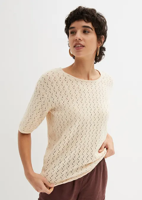 Bonprix Vielseitig Kombinierbares Strick-Shirt Mit Leinen - Beige - Damen