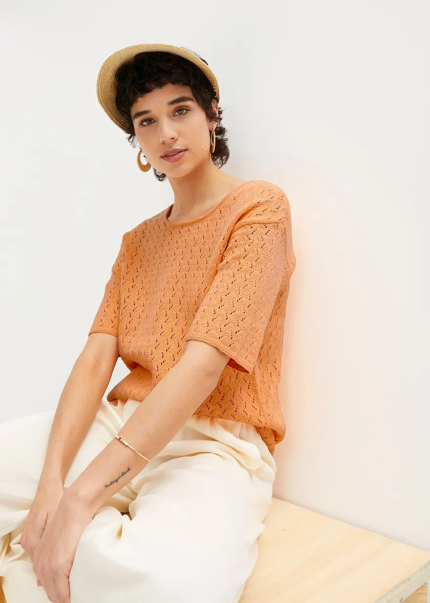 Bonprix Vielseitig Kombinierbares Strick-Shirt Mit Leinen - Orange