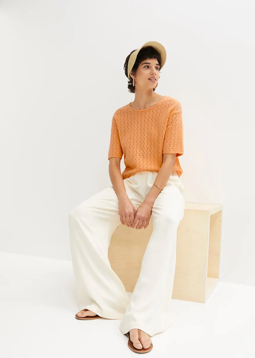 Bonprix Vielseitig Kombinierbares Strick-Shirt Mit Leinen - Orange