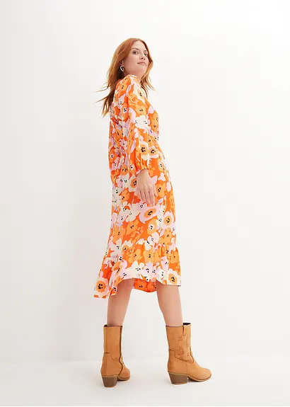 Bonprix Viskose- Webkleid Mit Taschen Und V-Ausschnitt - Orange