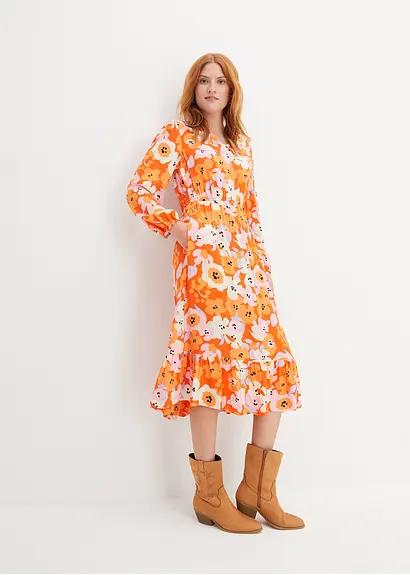Bonprix Viskose- Webkleid Mit Taschen Und V-Ausschnitt - Orange