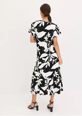 Bonprix Volantskleid Mit Floralem Druck Und V-Ausschnitt - Schwarz