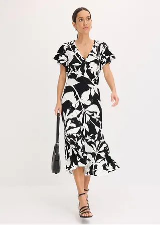Bonprix Volantskleid Mit Floralem Druck Und V-Ausschnitt - Schwarz