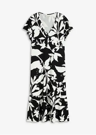 bonprix Volantskleid mit floralem Druck und V-Ausschnitt - schwarz