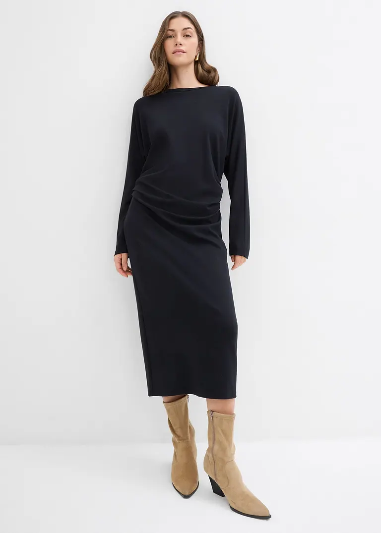 Bonprix Wadenlanges Kleid Mit Faltendetails An Der Taille - Schwarz