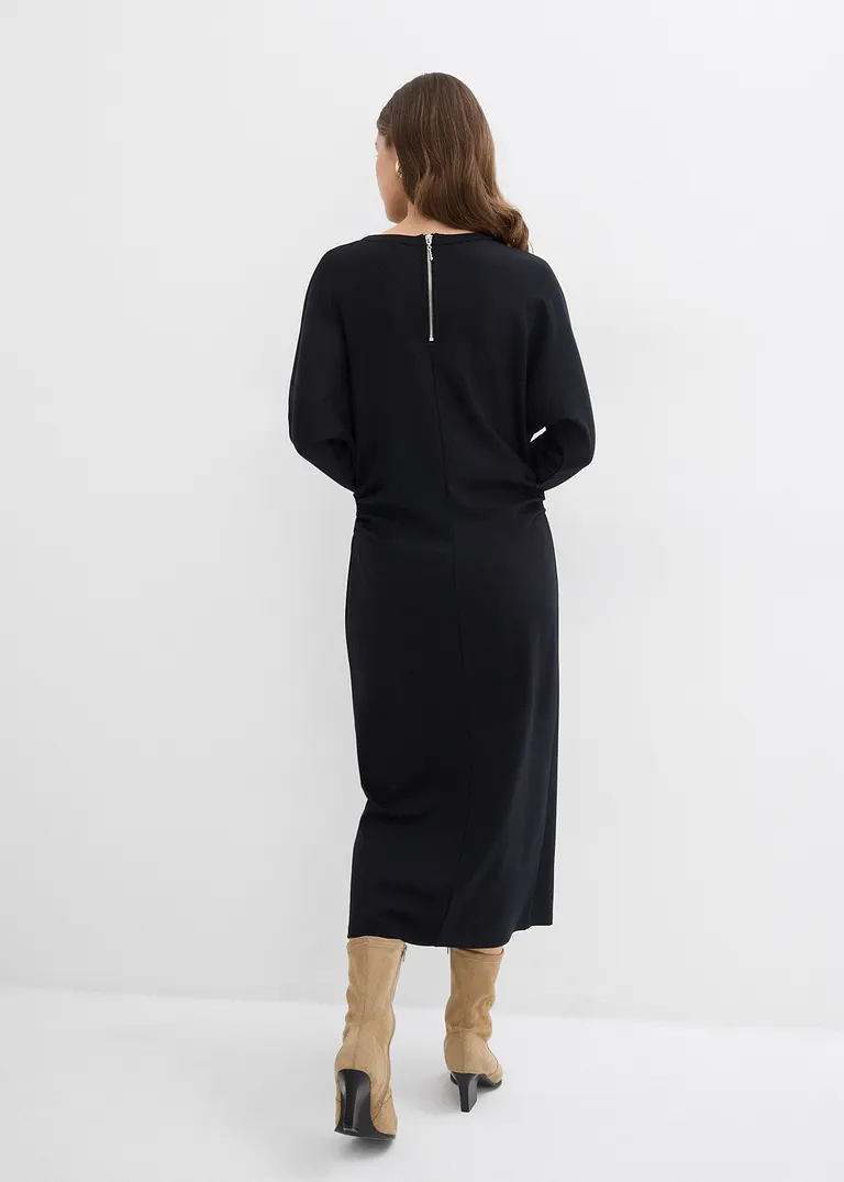 Bonprix Wadenlanges Kleid Mit Faltendetails An Der Taille - Schwarz