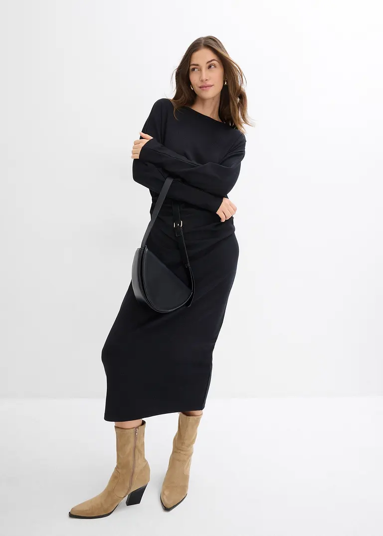 Bonprix Wadenlanges Kleid Mit Faltendetails An Der Taille - Schwarz