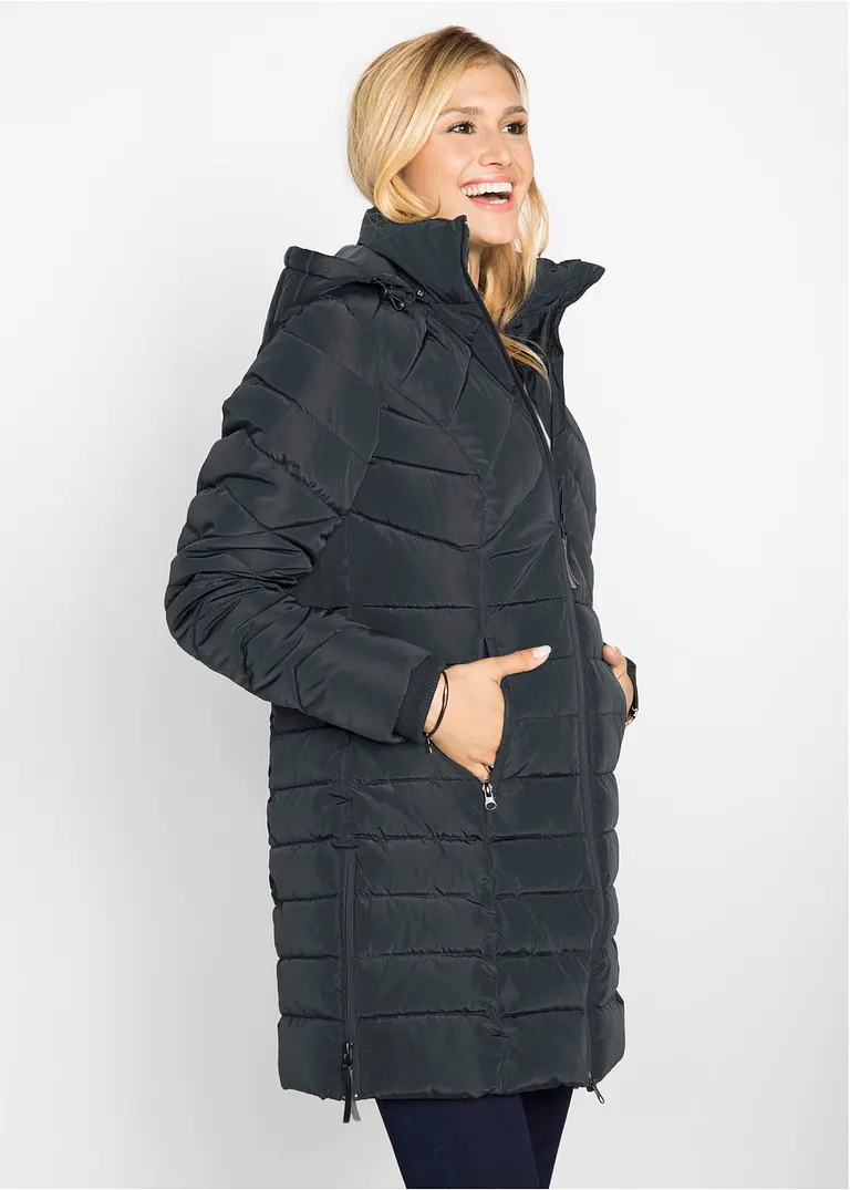 Bonprix Wattierte Steppjacke In Schöner Long-Form - Schwarz