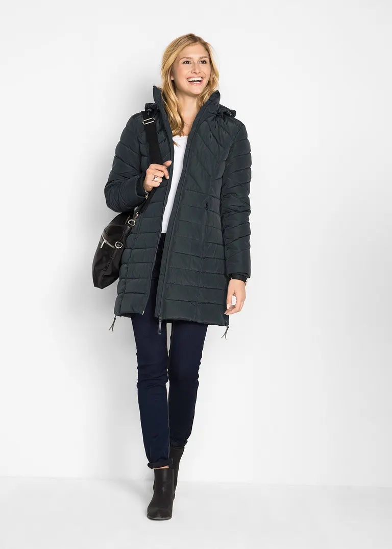 Bonprix Wattierte Steppjacke In Schöner Long-Form - Schwarz