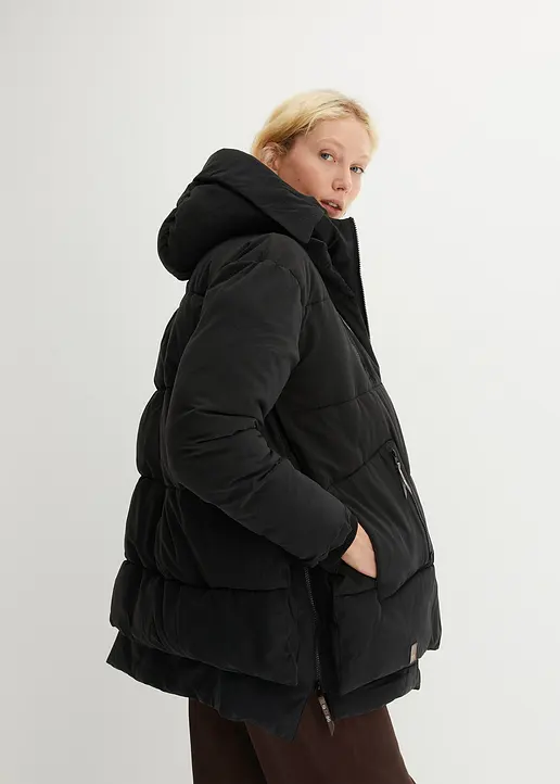 Bonprix Wattierte Winterjacke Mit Kapuze Und Taschen - Schwarz