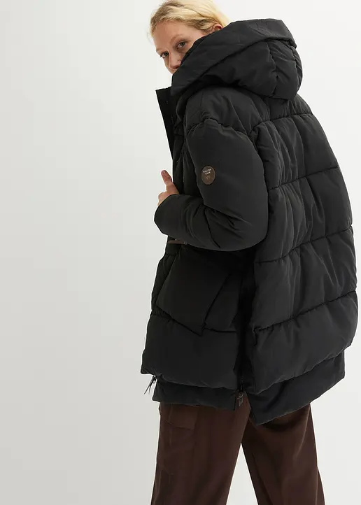 Bonprix Wattierte Winterjacke Mit Kapuze Und Taschen - Schwarz