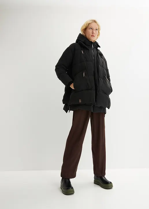 Bonprix Wattierte Winterjacke Mit Kapuze Und Taschen - Schwarz