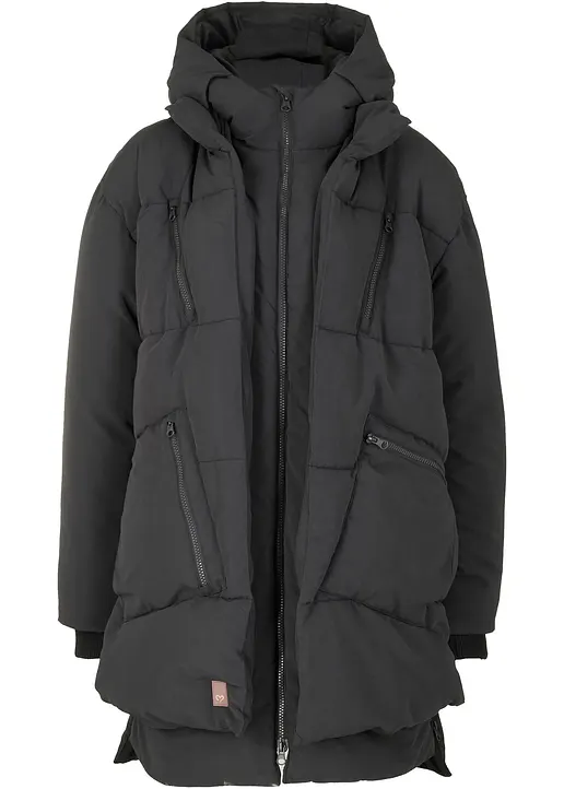 bonprix Wattierte Winterjacke mit Kapuze und Taschen - schwarz