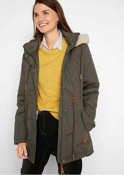 Bonprix Wattierter Parka Mit Kapuze Abnehmbarer Fellimitat-Besatz - Grün