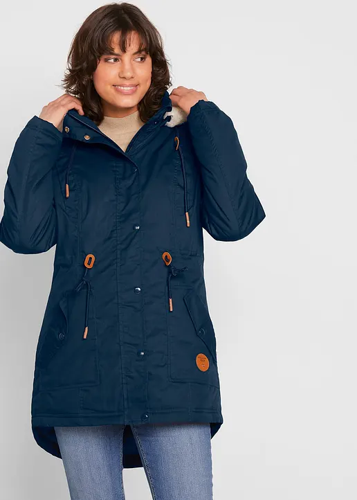 Bonprix Wattierter Parka Mit Kapuze Abnehmbarer Fellimitat-Besatz - Blau