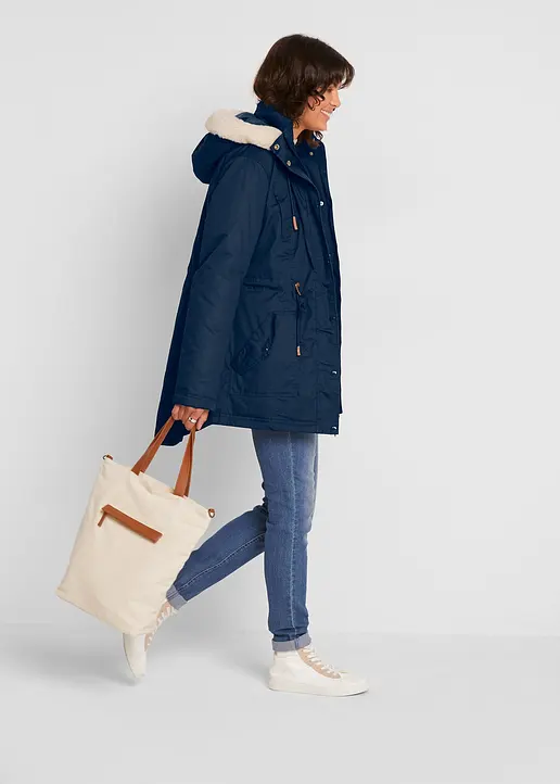 Bonprix Wattierter Parka Mit Kapuze Abnehmbarer Fellimitat-Besatz - Blau