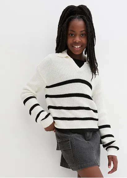 Bonprix Weicher Mädchen Polo-Strickpullover Mit Streifen - Weiß
