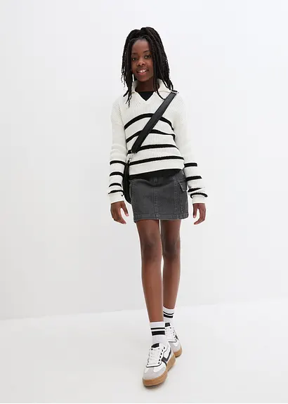 Bonprix Weicher Mädchen Polo-Strickpullover Mit Streifen - Weiß