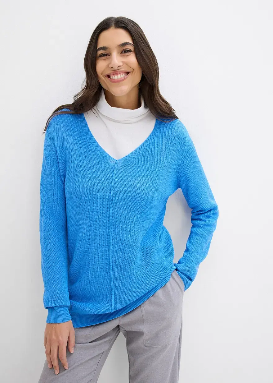 Bonprix Weicher Pullover Mit Modischer Biese - Blau - Damen