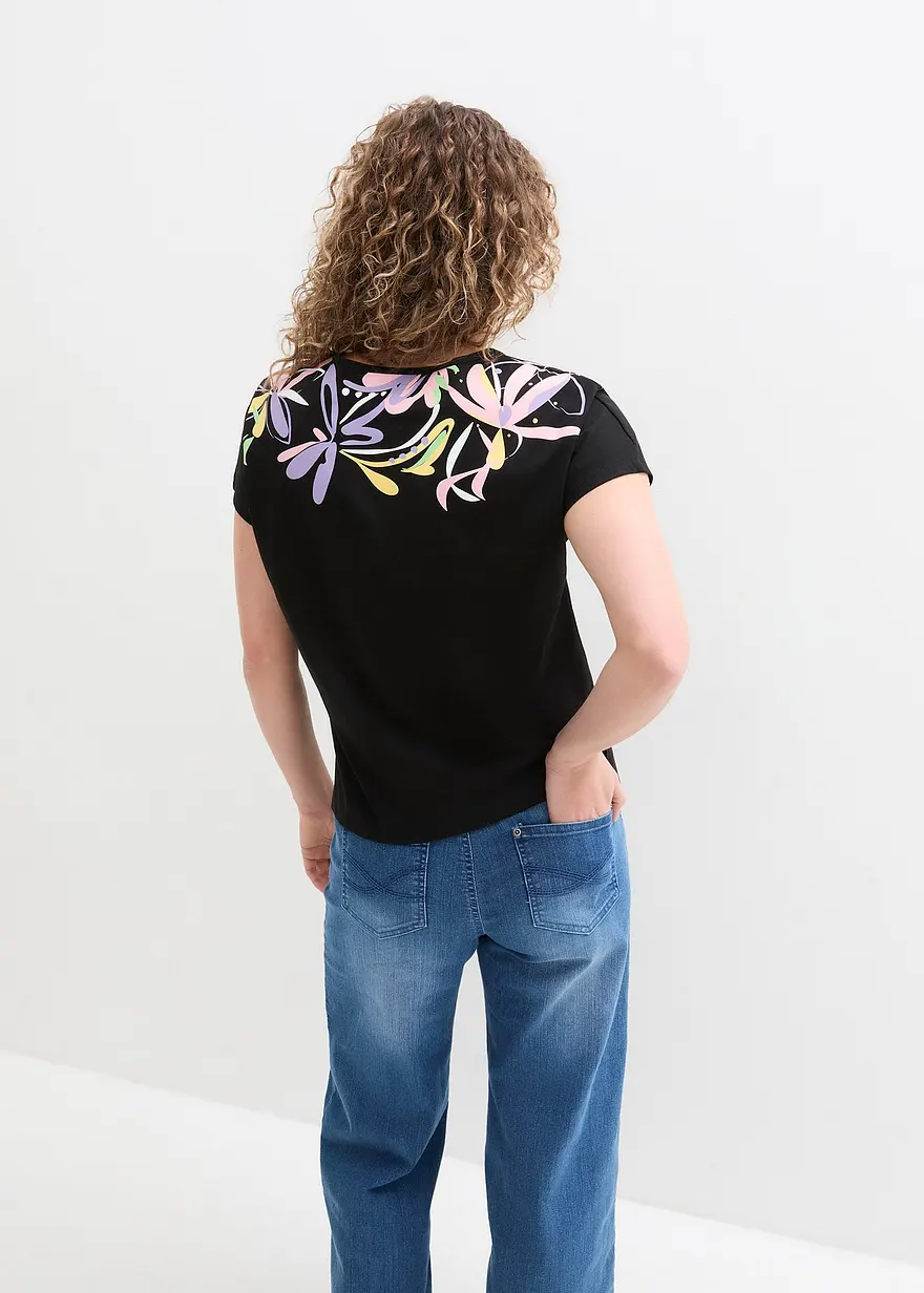 Bonprix Weit Geschnittenes Baumwollshirt Mit Rundhals - Schwarz