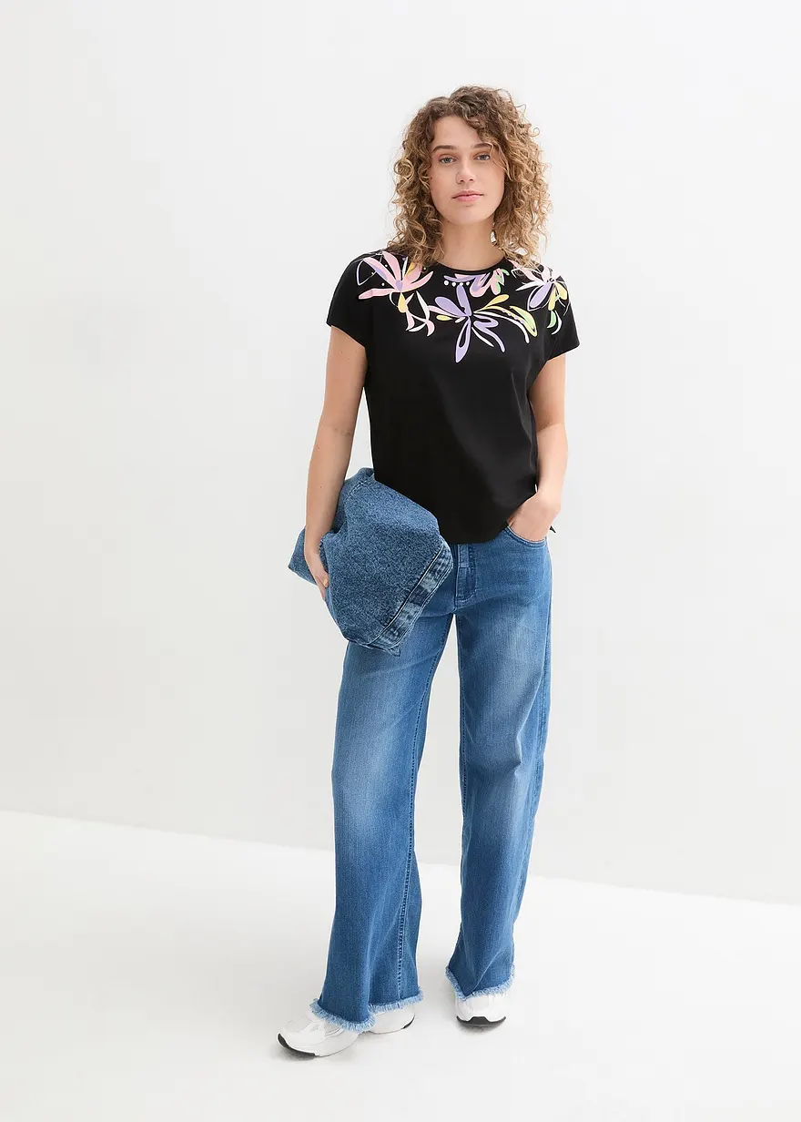 Bonprix Weit Geschnittenes Baumwollshirt Mit Rundhals - Schwarz