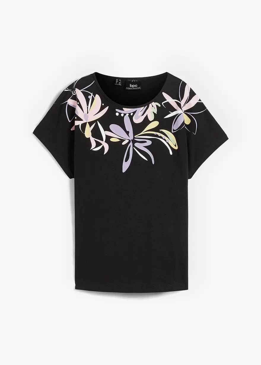 bonprix Weit geschnittenes Baumwollshirt mit Rundhals - schwarz