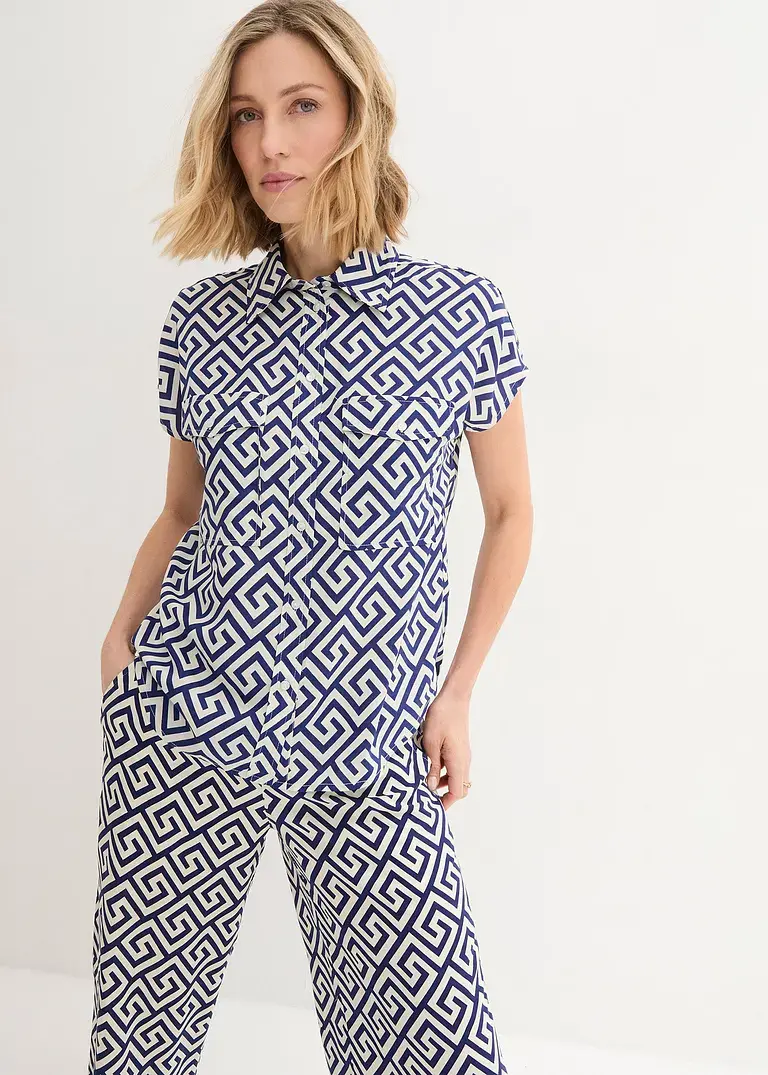 Bonprix Weite Bluse Mit Geometrischem Druck - Blau - Damen