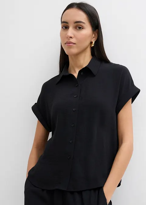 Bonprix Weite Bluse Mit Kurzem Arm Aus Strukturiertem Crêpe - Schwarz