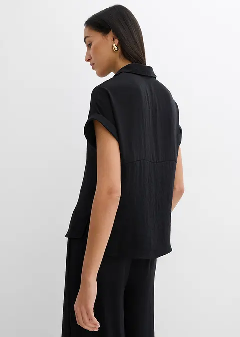 Bonprix Weite Bluse Mit Kurzem Arm Aus Strukturiertem Crêpe - Schwarz