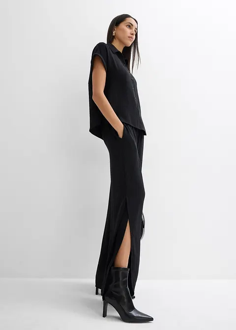 Bonprix Weite Bluse Mit Kurzem Arm Aus Strukturiertem Crêpe - Schwarz